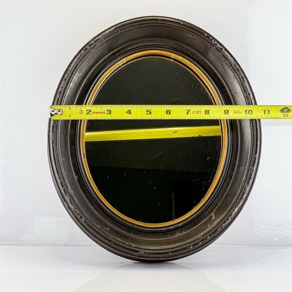 Antique Round Beveled Wall Mirror with Wooden Frame & Gilt Detail – 12” - Picture 7 of 8